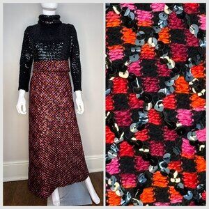 Vintage 1970s Sequin Maxi Dress, Calderon Size XS, Black Red Orange & Pink Check